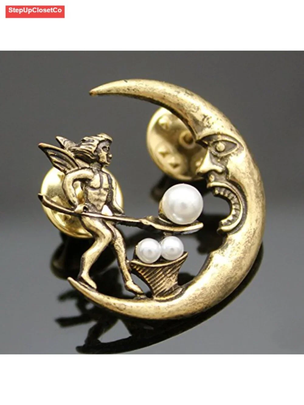 Vintage Tribal Angel Fairy Moon Brooch Pin Simulated Pearl Baroque Lapel